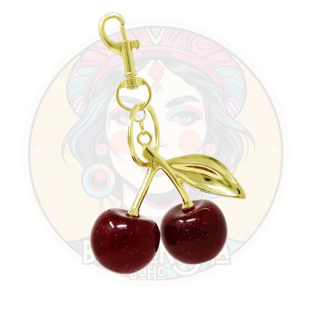 Red Cherries Brass Gold Leaf Bag Charm Keychain